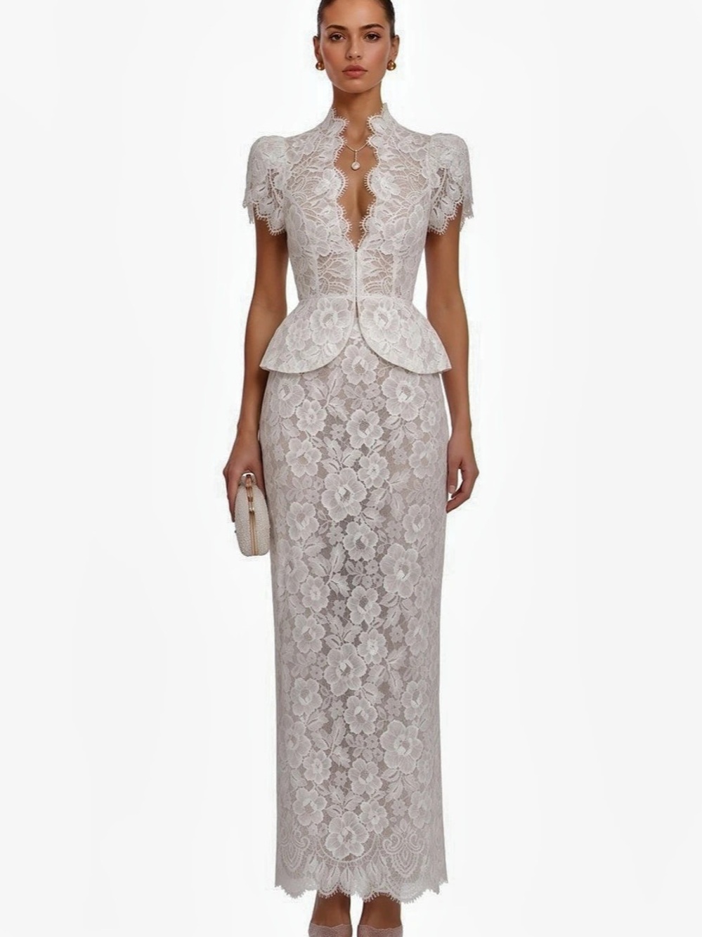 Delilah White Lace High Neck Peplum Blouse & Skirt Set